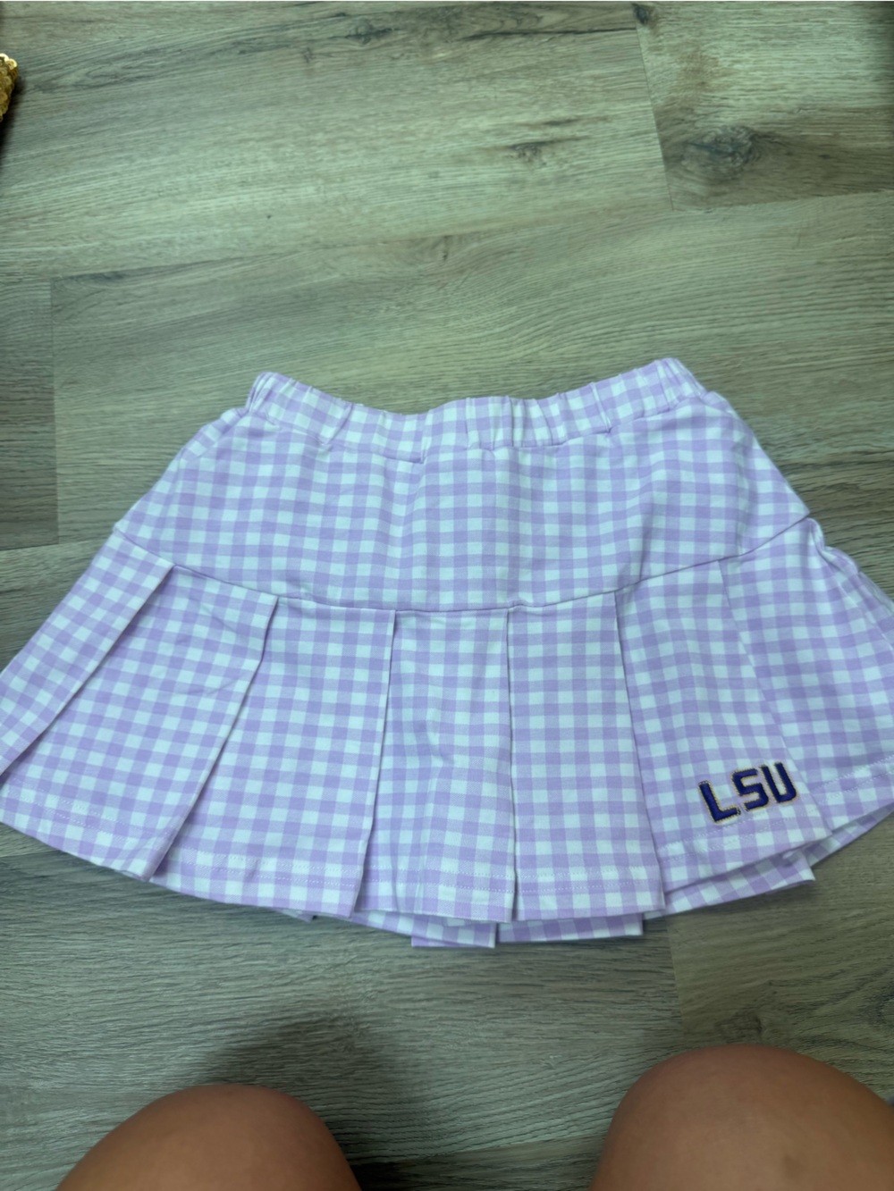 Lilac Gingham Pleated Skirt with LSU Embroidery